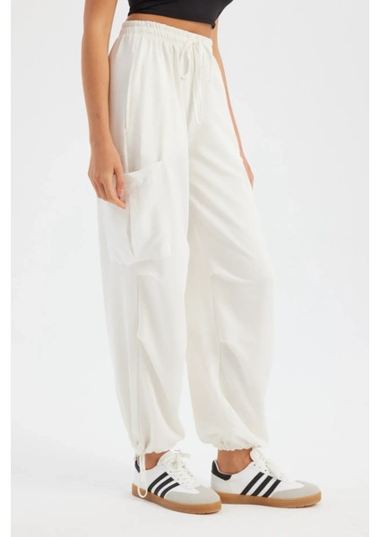 Kadın Bağcıklı Yüksek Bel Dokuma Jogger Pantolon Beyaz