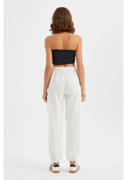 Kadın Bağcıklı Yüksek Bel Dokuma Jogger Pantolon Beyaz