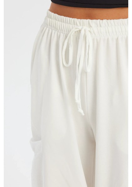 Kadın Bağcıklı Yüksek Bel Dokuma Jogger Pantolon Beyaz