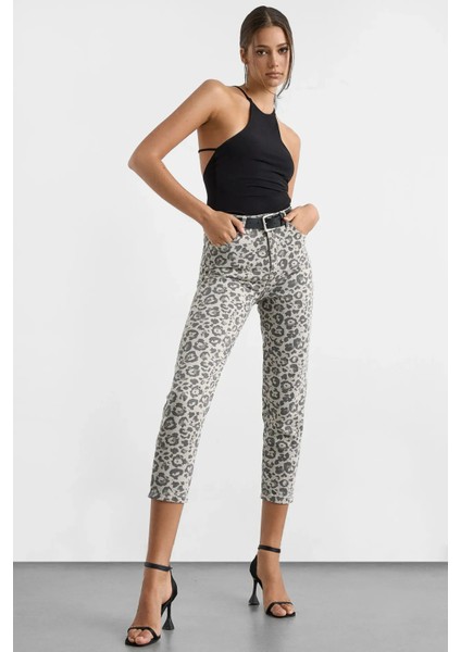 Kadın Hayvan Baskılı Slim Fit Kot Pantolon Gri