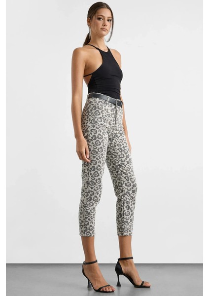 Kadın Hayvan Baskılı Slim Fit Kot Pantolon Gri