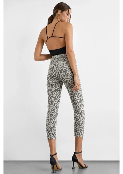 Kadın Hayvan Baskılı Slim Fit Kot Pantolon Gri