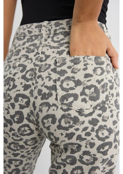 Kadın Hayvan Baskılı Slim Fit Kot Pantolon Gri