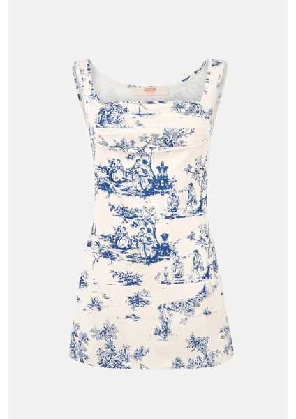 Kadın Kolsuz Baskılı Mini Elbise Peygamber Çiçeği Mavisi