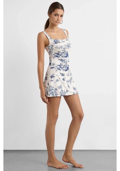 Kadın Kolsuz Baskılı Mini Elbise Peygamber Çiçeği Mavisi