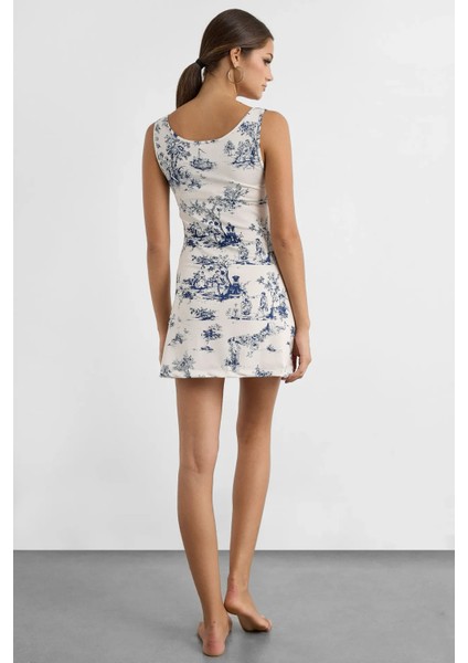 Kadın Kolsuz Baskılı Mini Elbise Peygamber Çiçeği Mavisi