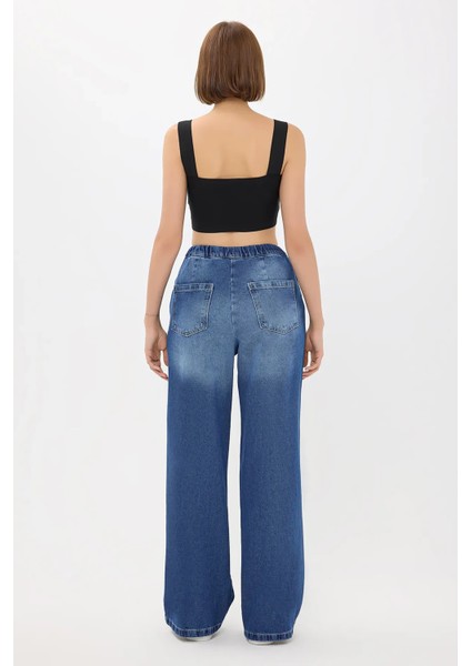 Kadın Yüksek Bel Fermuarlı Denim Pantolon Peygamber Çiçeği Mavisi