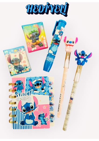 Stitch Set Not Defteri 2'li Yumurtlayan Kalem Sürgülü Silgi 2'li Mini Sticker Defter Seti