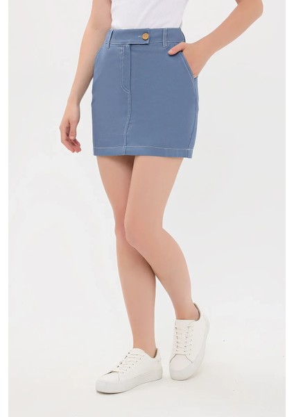 Kadın Yüksek Bel Dikiş Detaylı Mini Etek Mavi
