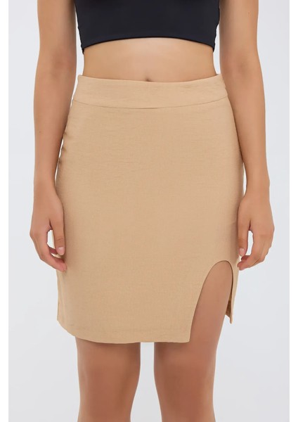 Kadın Yırtmaçlı Yüksek Bel Dikişsiz Etek Bej Doğal