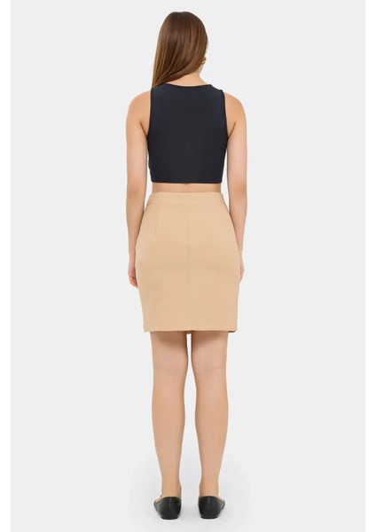 Kadın Yırtmaçlı Yüksek Bel Dikişsiz Etek Bej Doğal