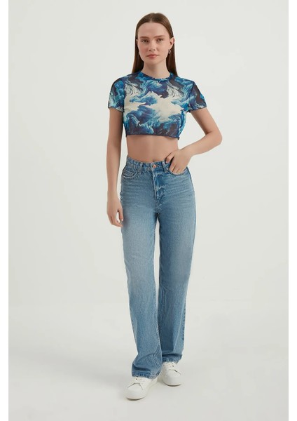 Kadın Soyut Tül Crop Top Maya Mavisi