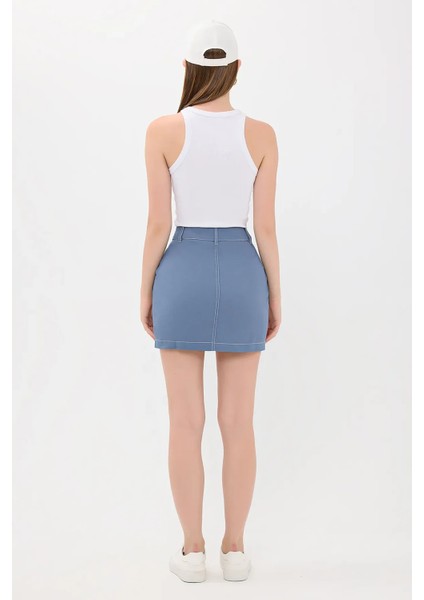 Kadın Yüksek Bel Dikiş Detaylı Mini Etek Mavi