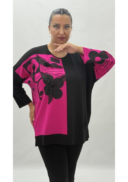 Büyük Beden Taşlı Çiçek Detaylı Uzun Kol Oversize Kadın Bluz fiyatları