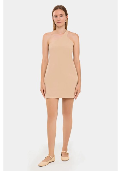 Kadın Tek Omuzlu Vücut Sarmalı Mini Elbise Natural