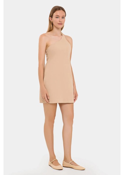 Kadın Tek Omuzlu Vücut Sarmalı Mini Elbise Natural