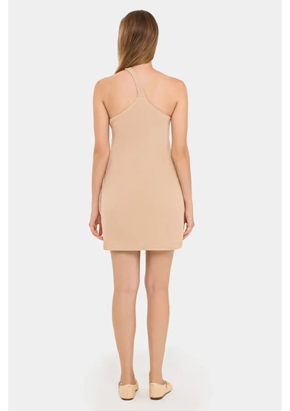 Kadın Tek Omuzlu Vücut Sarmalı Mini Elbise Natural