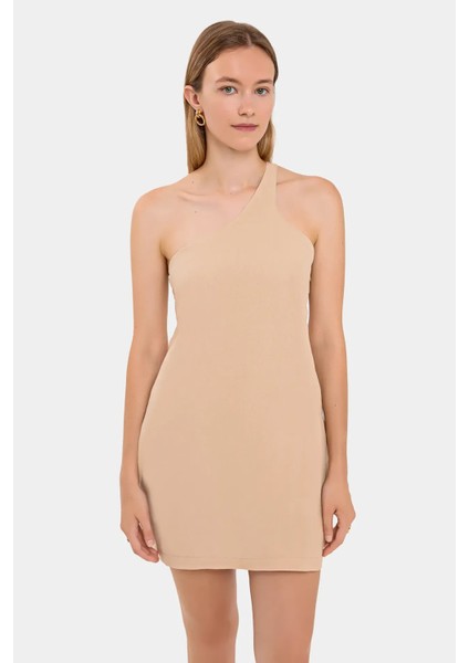 Kadın Tek Omuzlu Vücut Sarmalı Mini Elbise Natural