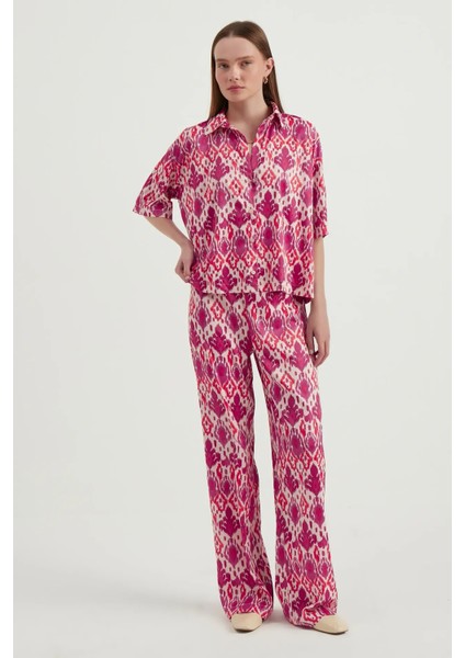 Kadın Saten Geometrik Yüksek Bel Boho Pantolon Macenta Pembesi