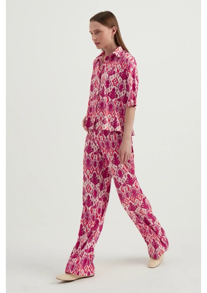 Kadın Saten Geometrik Yüksek Bel Boho Pantolon Macenta Pembesi