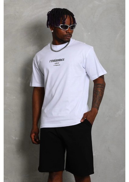 Unisex Oversize Baskılı Bisiklet Yaka T-Shirt - Beyaz -Vlmr modelleri