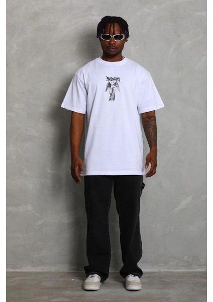 Unisex Oversize Baskılı Bisiklet Yaka T-Shirt - Beyaz -Vlmr modelleri
