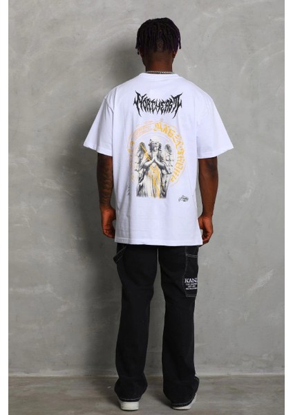 Unisex Oversize Baskılı Bisiklet Yaka T-Shirt - Beyaz -Vlmr fırsatları