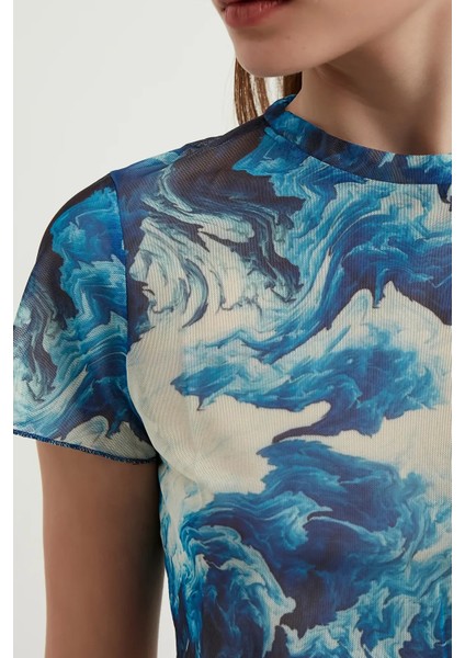 Kadın Soyut Tül Crop Top Maya Mavisi