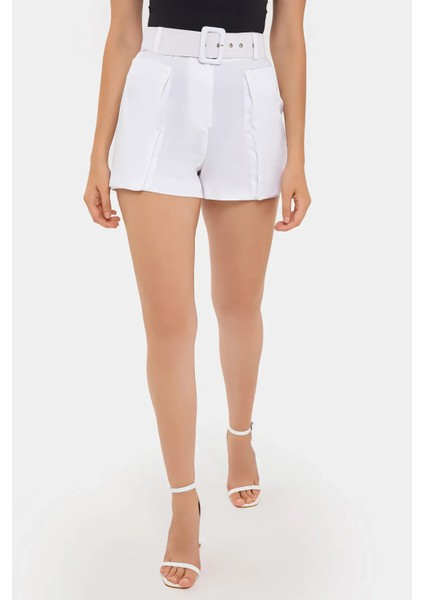 Kadın Cebi ve Kuşak Detaylı Pamuk Yüksek Bel Şort Beyaz