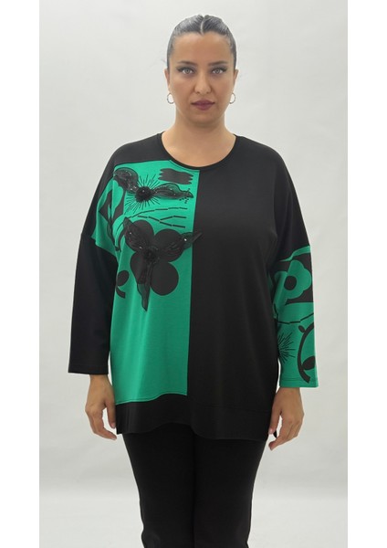 Büyük Beden Taşlı Çiçek Detaylı Uzun Kol Oversize Kadın Bluz