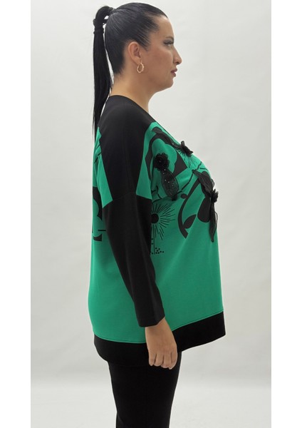 Büyük Beden Taşlı Çiçek Detaylı Uzun Kol Oversize Kadın Bluz modelleri