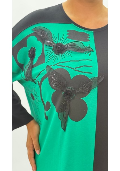 Büyük Beden Taşlı Çiçek Detaylı Uzun Kol Oversize Kadın Bluz indirimleri