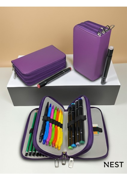 Sunii Deri Mor 3 Fermuarlı Kalemlik, Cüzdan, Kadın Cüzdanı