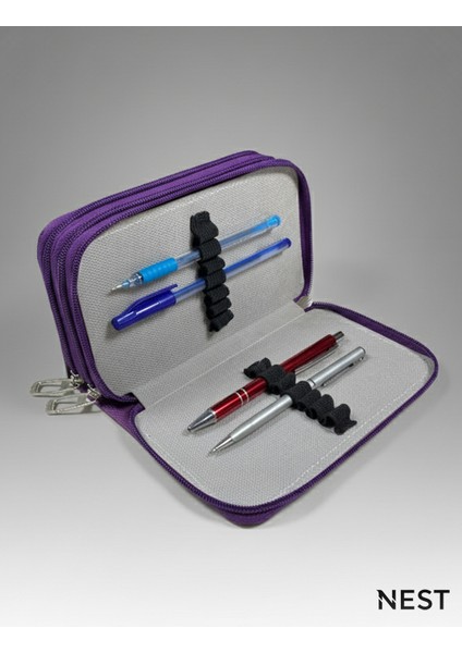 Sunii Deri Mor 3 Fermuarlı Kalemlik, Cüzdan, Kadın Cüzdanı