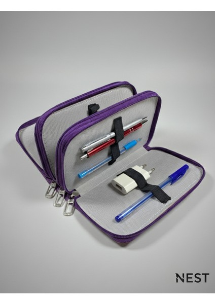 Sunii Deri Mor 3 Fermuarlı Kalemlik, Cüzdan, Kadın Cüzdanı