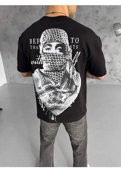 Unisex Baskılı Oversize T-Shirt - Siyah -Vlmr