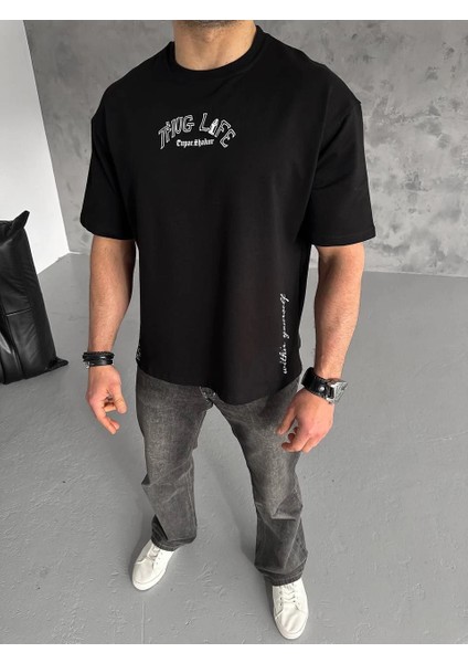 Unisex Baskılı Oversize T-Shirt - Siyah -Vlmr fiyatları
