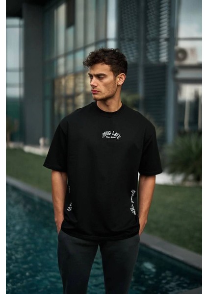 Unisex Baskılı Oversize T-Shirt - Siyah -Vlmr modelleri