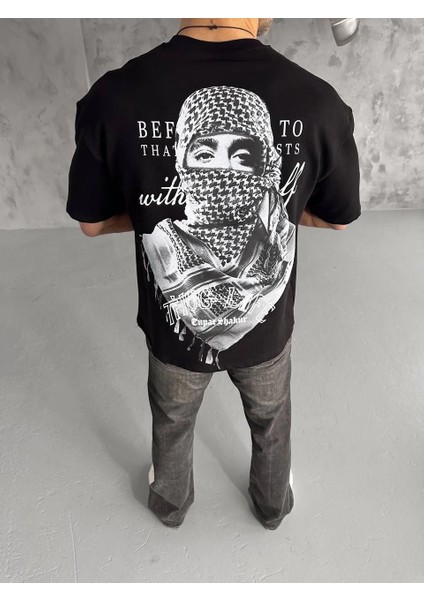 Unisex Baskılı Oversize T-Shirt - Siyah -Vlmr fırsatları