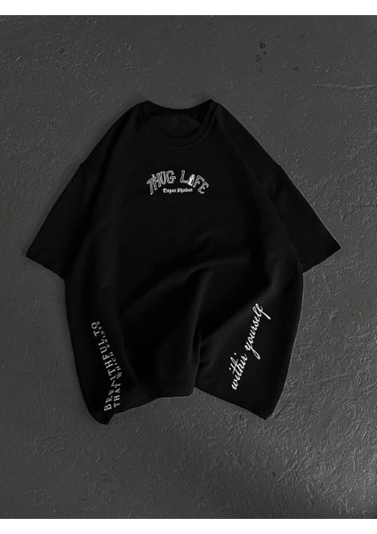 Unisex Baskılı Oversize T-Shirt - Siyah -Vlmr indirimleri