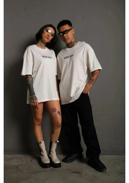 Erkek Oversize Baskılı Tişört - Golf Gtı Retro Araba Desenli,- Beyaz -Vlmr