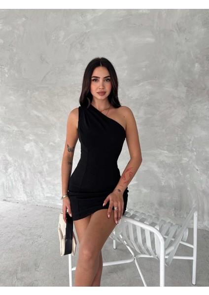 Tek Omuzlu Kolsuz Mini Boy Elbise - Siyah -Vlmr
