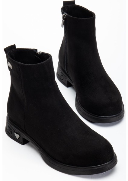 Kadın Bot Siyah Süet Suni Deri Kauçuk Taban Yüzüdüz