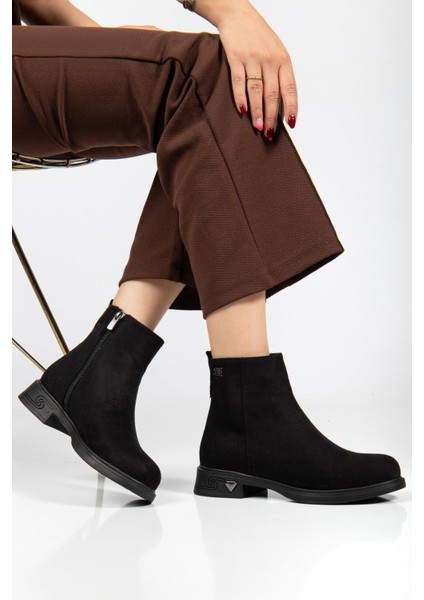 Kadın Bot Siyah Süet Suni Deri Kauçuk Taban Yüzüdüz fiyatları