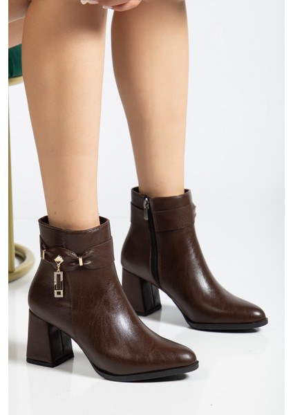 Kahverengi Kadın Kalın Topuklu Bot Küpe Taşlı Suni Deri fiyatları