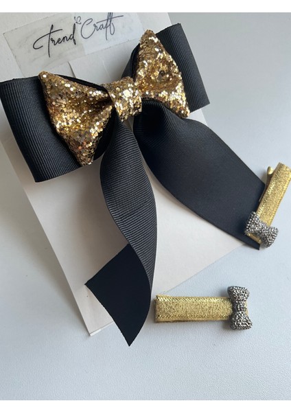 Siyah Kurdele Glitter Pırıltılı Fiyonklu Özel Tasarım 3’lü Toka Seti