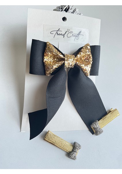 Siyah Kurdele Glitter Pırıltılı Fiyonklu Özel Tasarım 3’lü Toka Seti modelleri