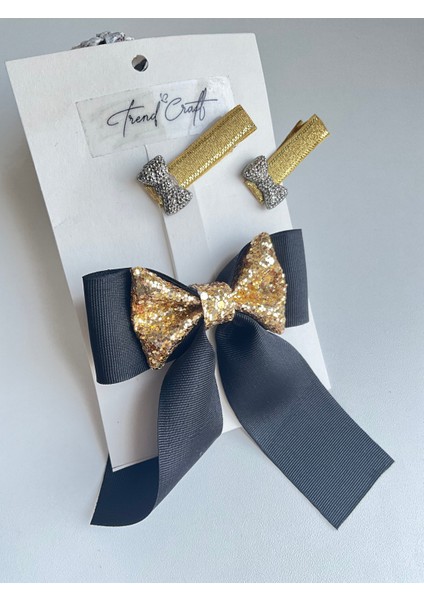 Siyah Kurdele Glitter Pırıltılı Fiyonklu Özel Tasarım 3’lü Toka Seti fırsatları