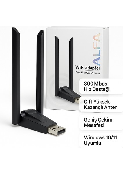 USB Wifi Adaptör 300MBPS Çift Antenli Yüksek Çekim Gücü – Windows Uyumlu modelleri