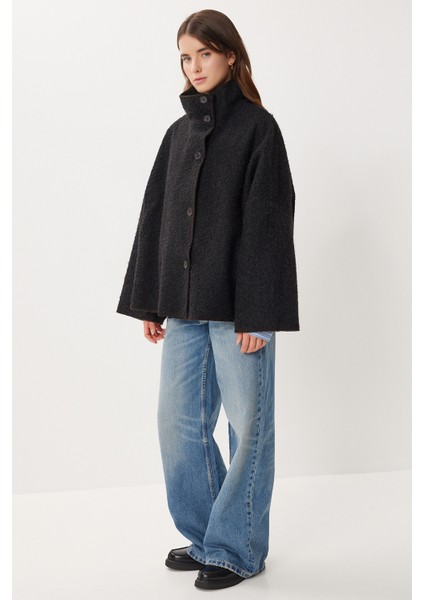 Düğmeli Oversize Yün Efektli Ceket LDP0087 Siyah